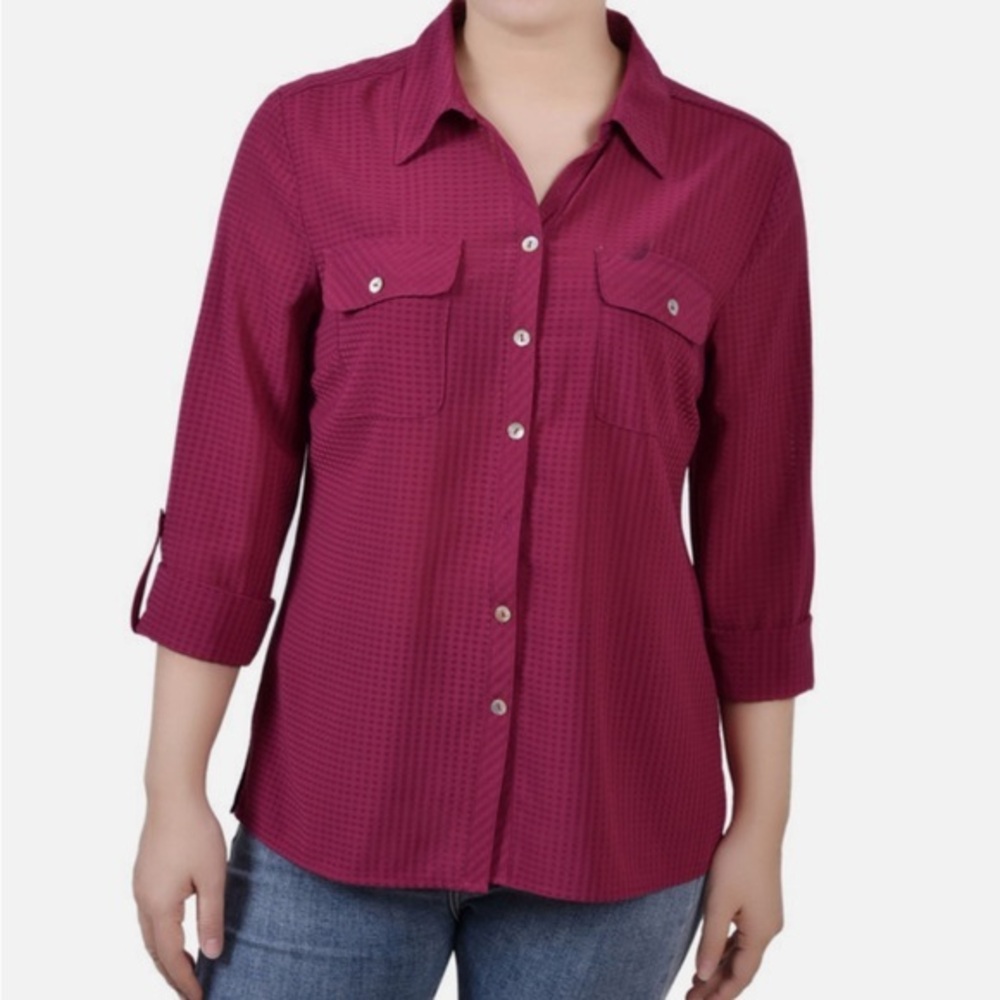 Ny Collection Petite 3/4 Sleeve Windowpane Blouse Wine NWT Size Small